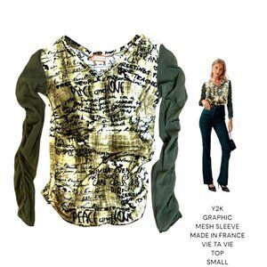 Y2K VTG. MADE IN PARIS Vie Ta Vie GRAPHIC OLIVE GREEN MESH SLEEVE TOP SMALL
